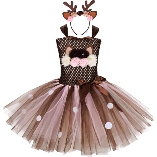 Deer Flower Princess Girl Dress for Christmas Birthday Party Clothes Kid Wedding Red Flower Dresses Children Winter Prom Costume