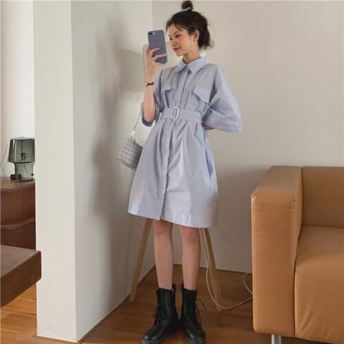 Dress Women Solid Sashes Turn-down Collar Loose Girls Elegant A-line Summer Dresses Casual Simple Trendy Tide Womens New Arrival