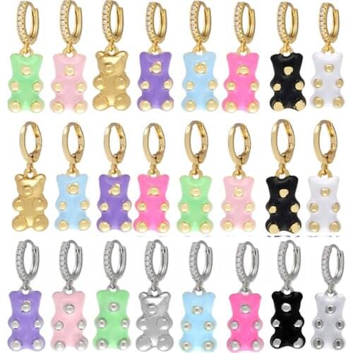 QMHJE Bear Small Hoop Earrings Neon Green Bright Fluorescent Jewelry Enamel Gold Silver Color Earing Metal Cubic Zirconia New