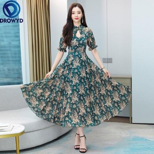 Plus Size 3XL Robes 2021 Summer Dress Female Short Sleeve Slim Temperament Printing Long Dress Retro Fashion Boho Party Clothing