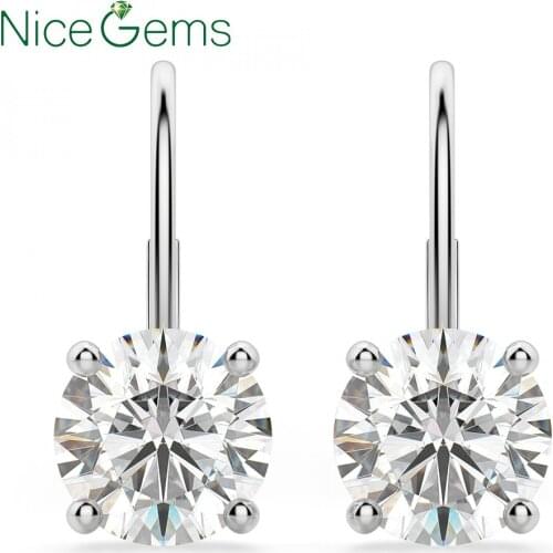 NiceGems Solid 14k White Gold classic basket-set Round Brilliant cut Moissanite Hoop Earring 2CTW D Color Earrings for women
