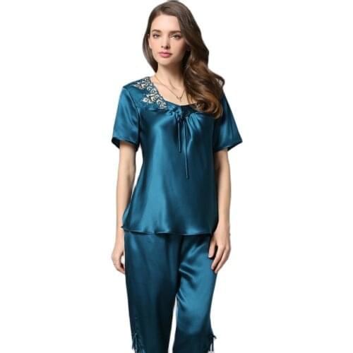 Silk Pajamas Women Two-Piece Set Spring Summer Short Sleeve Pants Home Women Living Suit Sexy 100% Mulberry Silk