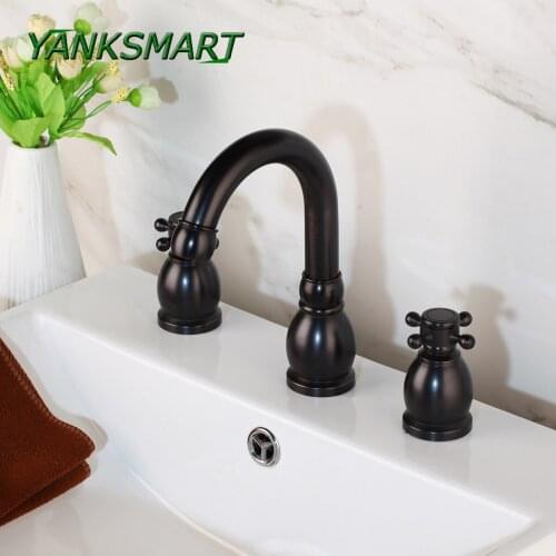 YANKSMART Style Basin Faucet Black 3 Hole Bathroom Sink Faucet Deck Mounted Cold Hot Vintage Sink Faucet Mixer Tap