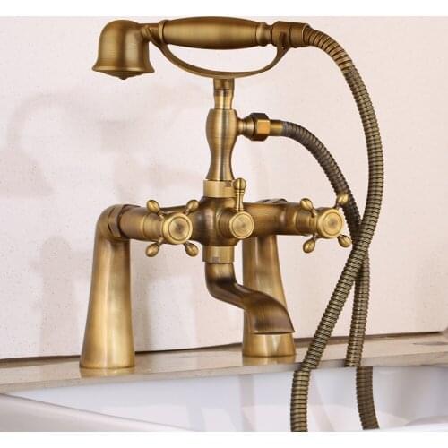 Bathtub Faucet Antique Brass 2 Handle Deck Mounted Bath Shower Faucets Mixer Tap With Hand Shower Head KD1123