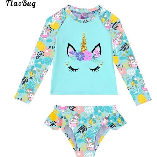 TiaoBug 2Pcs Kids Girls Cartoon Print Swimsuit Round Neck Long Sleeves Tops And Briefs Set Swimwear Beach Pool Bathing Suit