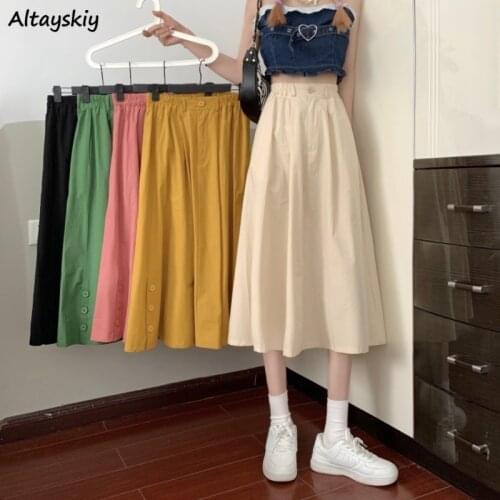 Skirts Womens All-match Mid-calf Trendy Buttons Summer Simple Casual Students 5 Colors Empire A-line Ulzzang Solid Ladies 2021