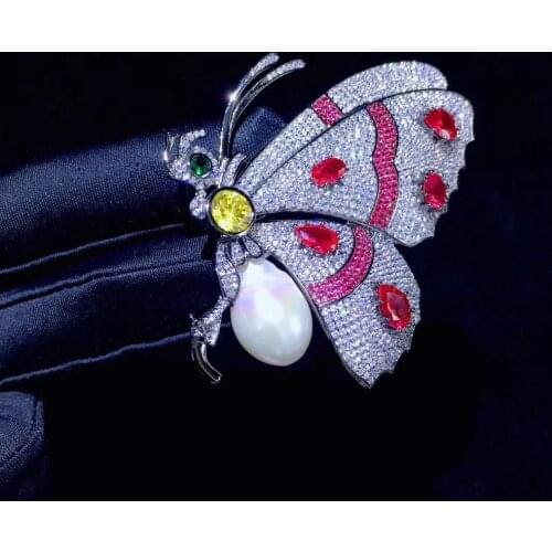 Natural fresh water pearl 925 sterling silver with cubic zircon butterfly insect brooch pins fine women jewelry