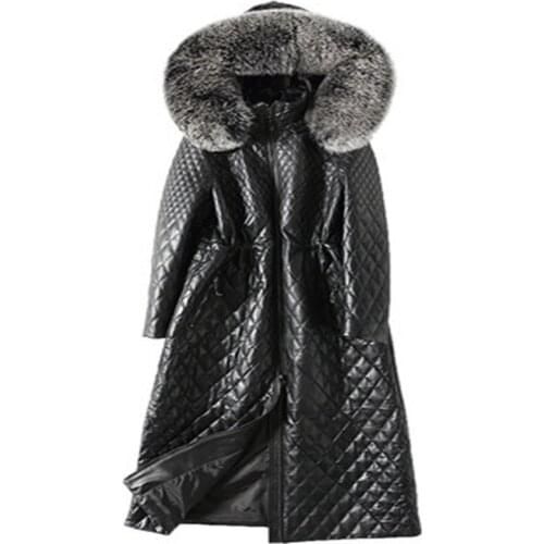 2019 new leather leather female long section Slim fox fur collar sheep skin over the knee leather jacket quilted jacket 659