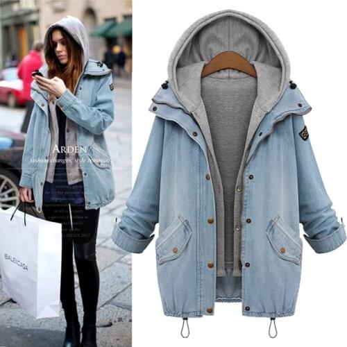 Plus Size Women Basic Denim Jackets New Arrival Autumn Fashion Hooded Loose Casual Outerwear Coats Two Piece Set