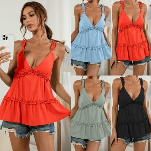 Sweet A-Line Women Summer Top 2021 Sexy Deep V-Neck Backless Strap Tank Top Sleeveless Red Womens T-Shirt Fairy Haut Femme