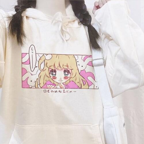 Cute Cartoon Sweet Girl Japan Streetwear Harajuku Pink Fun Kawaii Hooded Pullover Casual Ulzzang Vintage Loose Women Hoodies Top