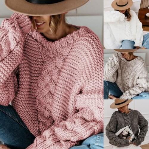 Women Winter Long Sleeve V-Neck Sweater Chunky Braided Cable Knitted Pullover Top Solid Color Casual Loose Jumper Shirt