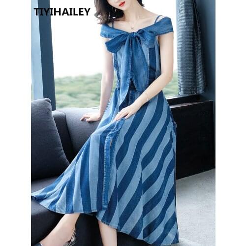 TIYIHAILEY Free Shipping Denim Dress Women Long Maxi S-XL Vintage Striped Jeans Bow Slash Neck Single Breasted Dresses With Belt