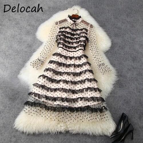 Seifrmann New 2021 Women Spring Fashion Runway Midi Dress Flare Sleeve Bow Ruffles Lace Elegant Slim Fit Ladies A-Line Dresses