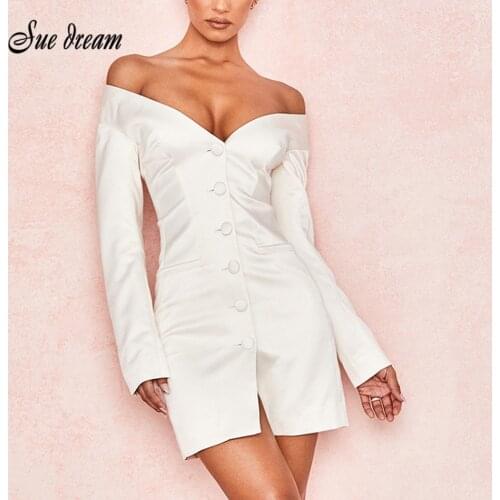 2020 New Elegant Womens Sexy Tight Suit Dress V-neck Single-breasted Detail Sexy Womens White Long-sleeved Mini Dress