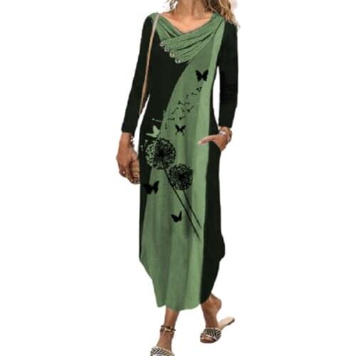 Long Sleeve Midi Dresses Women Dandelion Print Casual Dress Autumn Cross V-Neck Patchworked Vintage Long Dress Robe Femme 2021