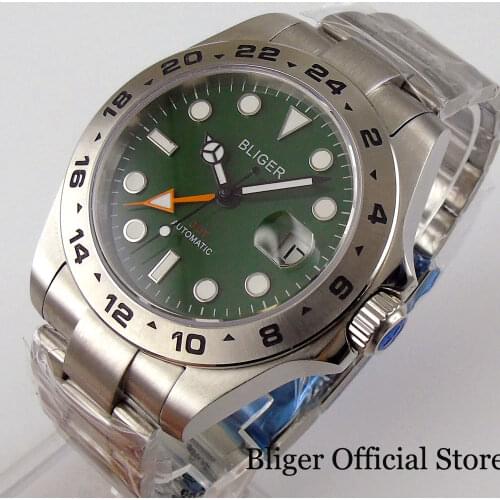 BLIGER Brand Green 43mm Automatic GMT Wristwatch Male Sapphire Crystal Date Magnifier Steel Bezel Screw Crown Oyster Strap