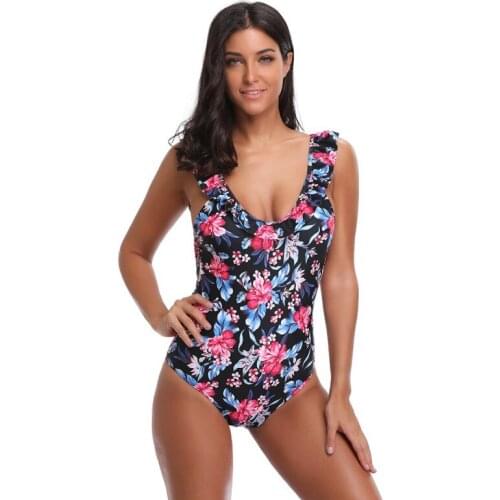 Ruffle V Neck One Piece Swimsuit, Floral Print Bathing Suit For Women Sexy and hot swimwear for lady women badpak