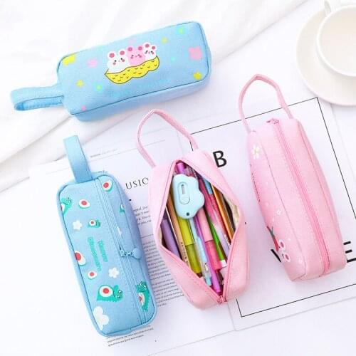 Korean Canvas Pencil Case Simple Ins Double Layer Pencil Box Pouch School Storage Pen Bag Large Capacity Pencilcase Stationery