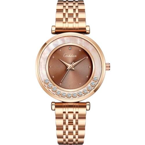 Elegant Watch Analog Quartz Crystal Diamonds Dial Stainless Steel Bracelet Dress Wristwatch for Women