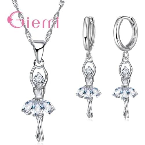 Hot Promotion Clear Zircon Jewelry Sets Elegant Ballet Girls Shape 925 Sterling Silver Necklace Drop Earrings Bijoux