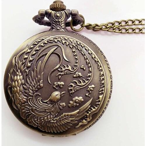 Retro Chinese Style Phoenix Pocket Watch With Necklace Chain Bronze Watch Free Shipping P3856