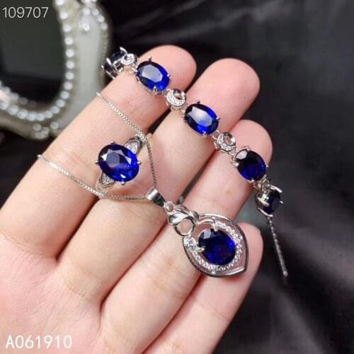 KJJEAXCMY fine jewelry 925 sterling silver inlaid Natural Blue corundum pendant ring Bracelet suit support detection popular