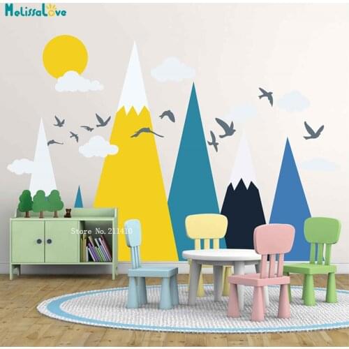 Colorful Mountain Wall Stickers Clouds Birds Sun Landscape Kids Baby Room Décor Nursery Self-adhesive Decals Unique Gift YT5332