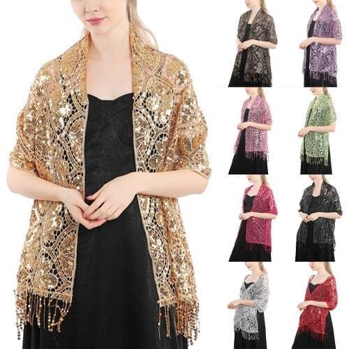 Hollow Sequin Lace Shawl Bridal Wedding Women Luxury Party Wrap Female Shiny Glitter Stole Dance Club Scarf with Tassel