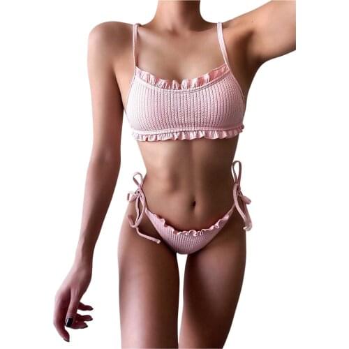 Women Popular Summer Creative Solid Color Pool Party Ruffle Swimsuit Split Push-Up Two-Piece Sets Sexy Beach Bikini купальник