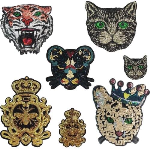 Sequin Fashion Gold Crown Bee Tiger Cat Leopard Badge Design Patches Sew on Appliques Fabric Repair Patches Garment Decorated