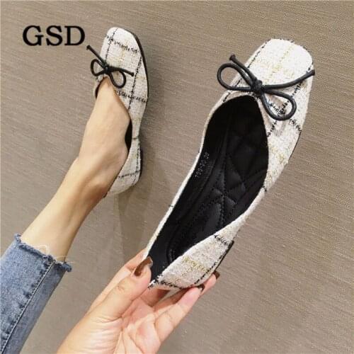 New Women Flats Ballet Shoes Breathable Flock Square Toe Checkered Flat Shallow Butterfly Women shoes