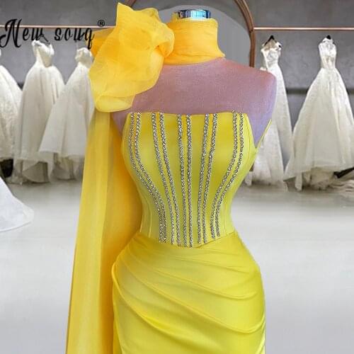 Charming Yellow Crystal Corset Prom Dresses High Neck Long Evening Dress Split Side African Formal Cocktail Dress