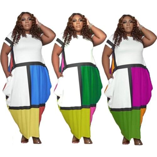 Dresses Elegant Sexy Round Collar Short Sleeves Pocket Patchwork Loose 4xl 5xl Plus Size Women Clothing Wholesale Dropshipping