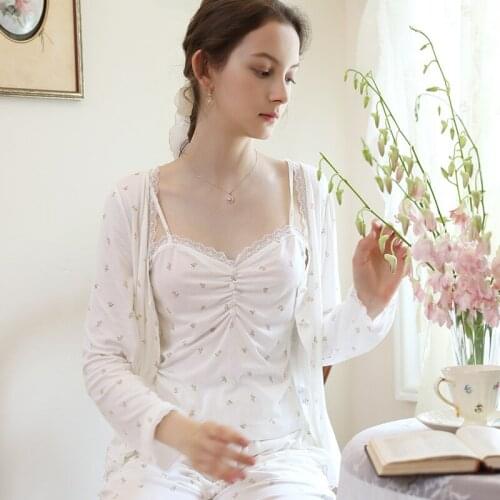 French floral luxurious high quality Modal Womens Pajamas Suit Womens Home Clothes Pajamas Cute Pajamas Three-piece suit