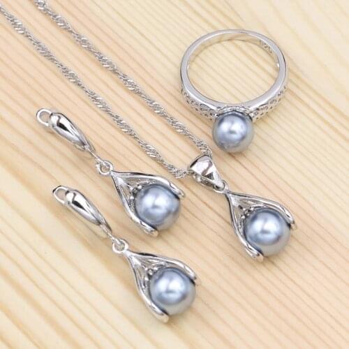 Silver 925 Jewelry Set For Women Grey Pearl Party Accessories Drop Earrings/Ring/Pendant/Necklace Set
