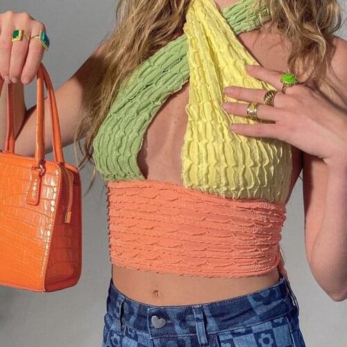 Knitted Ruffle Halter Crop Tops Women Sleeveless Backless Hollow Out Tank Top Sexy Summer Streetwear Colorful Cropped Camisole