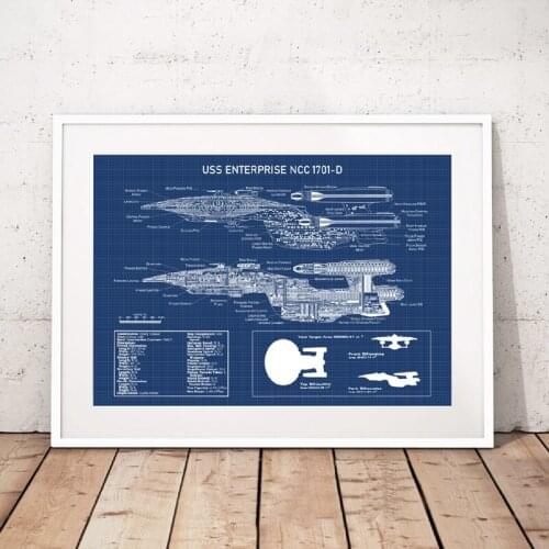 USS Enterprise NCC -1701-D Blueprint Poster Art Canvas Prints Star Fleet Spaceship Canvas Painting Boys Room Wall Art Decor