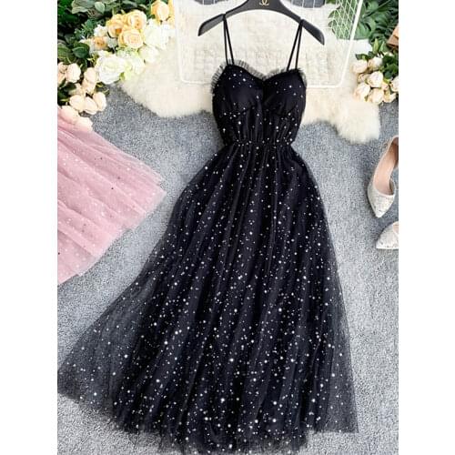 Summer Bling Stars Sequin Dress Women Vintage V Neck Sexy Mesh Dresses Vestidos Mujer Ladies Spaghetti Strap Party Tulle Dress