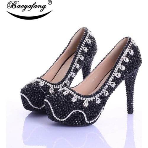 Spring black pearl rhinestone bridal shoes ultra high heels platform formal dress performance shoes thin heels shallow mouth