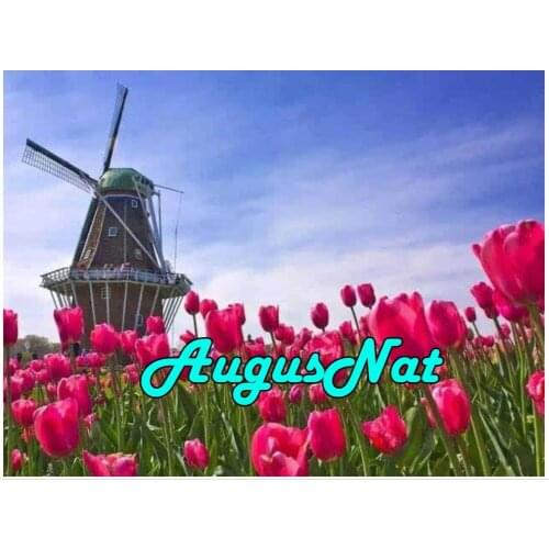 Windmill diamond painting tulips pink flower daimand embroidery floral garden diamant painting puzzle picture diamont mosaic art