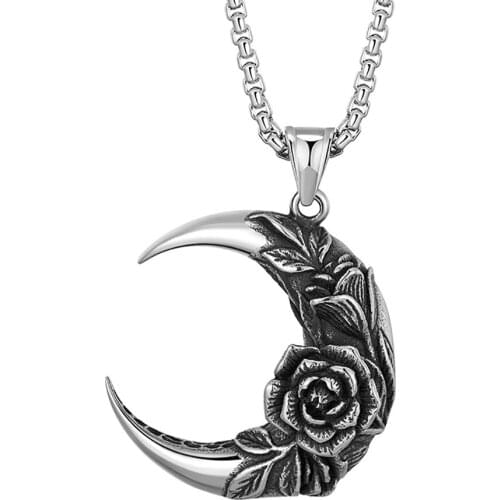 Stainless Steel Vintage Flower New Moon Rose Flower Pendant Necklace Jewelry Crescent Gift For Him with Chain