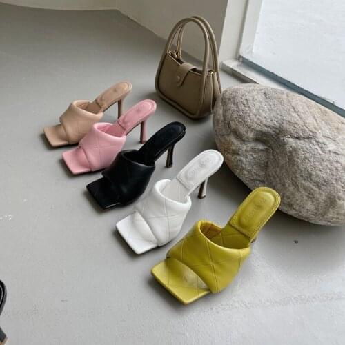 2021 Summer New Women Slipper Peep Toe Thin High Heel Sandal Shoes Ladies High Quality PU Leather Slides Pumps