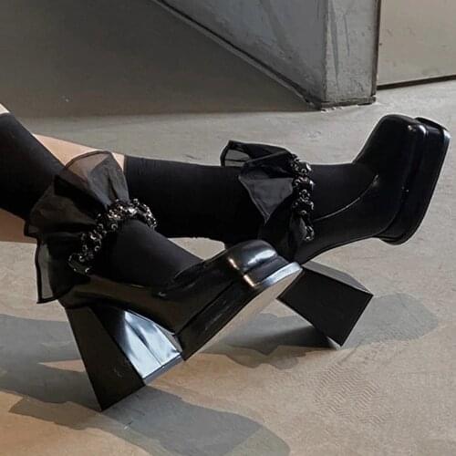 Termainoov Women Pumps High Heels Black Rhinestones Mary Jane Square Toe Lace Heeled Chunky Heel Retro Patent Leather New Shoes