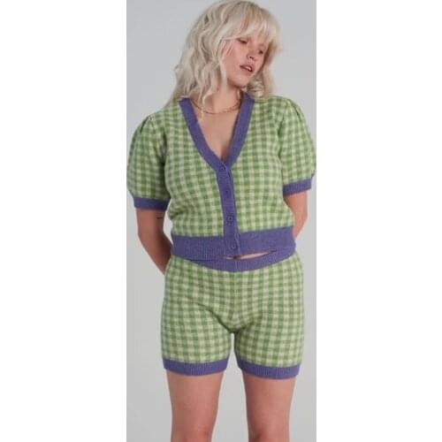 Women Two Piece Puff Sleeve Fluffy Gingham Check Knit Cardigan And Gingham Check Knit Shorts With Contrast Trimming