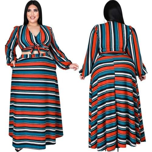 Sexy Outfits for Woman Striped Printed Boho Elegant Vintage Long Sleeve Tops + Maxi Skirts 2 Piece Sets Plus Size 4XL 5XL