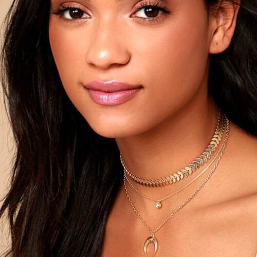 Fashion Women Long Chain Multilayer crescent pendant necklace chain necklace Choker Necklace Jewelry Gift