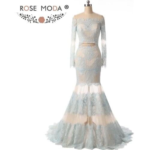 Rose Moda Two Pieces Lace Evening Dress Crop Top Long Sleeves Mermaid Evening Dresses See Through Skirt