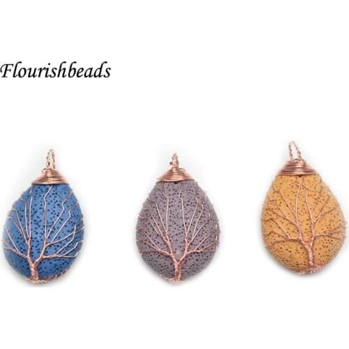 1pc Water Drop Shape Rose Gold Color Life Tree Wrap Cabochon Necklace Pendant Dyed Pelelith Stone With Holes Accessories Making