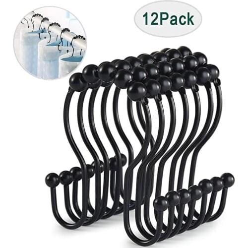12pcs/set Curtain Poles Shower Rod Hook Hanger Home Stainless Steel Ring Bath Drape Bathroom Loop Clasp Drapery Black Clips #G1